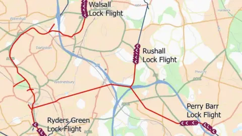 Walsall Council A map showing part of the canal network in the West Midlands, with Walsall Lock Flight, Rushall Lock Flight, Perry Barr Lock Flight and Ryders Green Lock Flight all identified