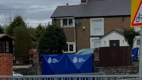 Outside of crime scene on a street in front of rows of houses.