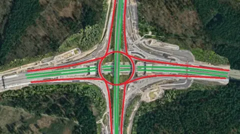 Getty Images An aerial view of the A3/M25 gyratory system, with roads that are due to be closed highlighted in red, while the main carriageways which will stay open are highlighted in green.