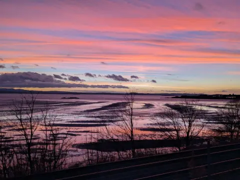 Alison Stewart Sunset looking across a bay. The sky is different shades of pink and purple and is reflected on the water. There are also trees and clouds.