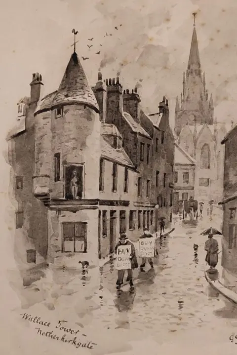 Aberdeen City & Aberdeenshire Archives The archival etching of the Wallace Tower in its original location at Netherkirkgate in the city centre, looking towards the St. Nicholas church. The Wallace Tower is on the left of the picture. 