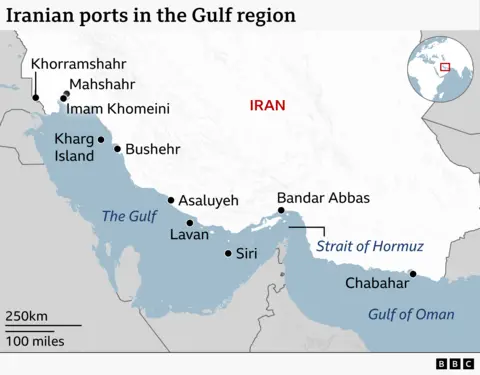 A map showing Iranian ports in the Gulf region. Starting at the eastern end of the Gulf on Iran’s border with Iraq and heading west they are: Khorramshahr, Imam Khomeini, Mahshahr, Kharg Island, Bushehr, Asaluyeh, and the islands of Lavan and Siri. Then, a little further east, the major port of Bandar Abbas is on the Strait of Hormuz and further east is Chabahar on the Gulf of Oman, near to Pakistan.