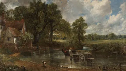 The oil painting depicts an idyllic scene in Flatford, near Dedham, and shows a horse and cart in the River Stour and Willy Lott's cottage on the bank.
