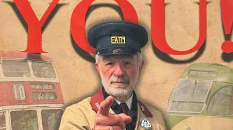 GUY CAMPBELL/BBC A poster with a picture of a volunteer dressed in a traditional bus conductor's uniform and hat is pointing a finger with the caption your Museum Needs You. In the background is the windscreen and cab of a vintage bus. 