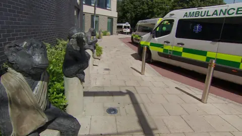 Monkey statues outside Southmead hospital. The front one has a sling on it. The walls of the building are to the left of the picture and there are two parked ambulances to the right of the picture, in ambulance bays.