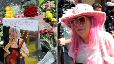 Split image, on the left there are flowers at Dolly Parton's Hollywood Walk of Fame star and a sign of her with a guitar that reads "Farewell to a beloved American Icon". On the right is a woman with pink hair, pink sunglasses, and a pink cowboy hat.