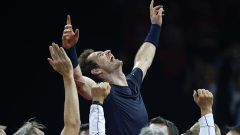 Andy Murray celebrates winning the Davis Cup with Great Britain in 2015
