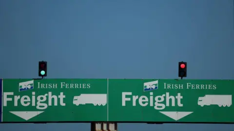 Green signs directing freight traffic onto Irish Ferries at Port of Holyhead in 