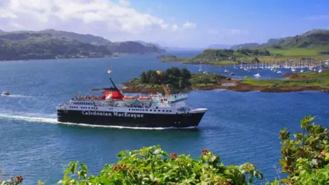 CalMac Ferry Isle of Mull sails into a harbour