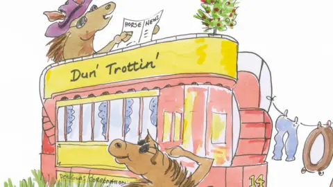 PHIL WOODFORD Cartoon of two brown horses relaxing on an abandoned red and yellow horse tram carriage with the words Dun' Trottin' along the top.