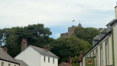 A zoomed in picture shows Dunster Castle and some of the village, with cream-coloured houses surrounded by trees