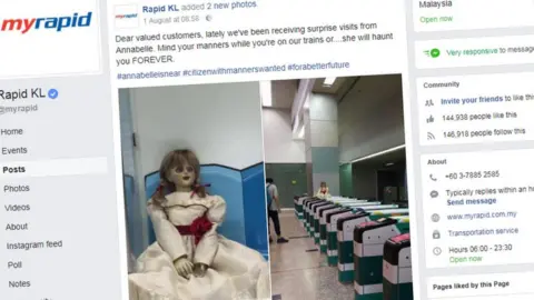 Facebook/RapidKL Annabelle riding a train in Kuala Lumpur, Malaysia