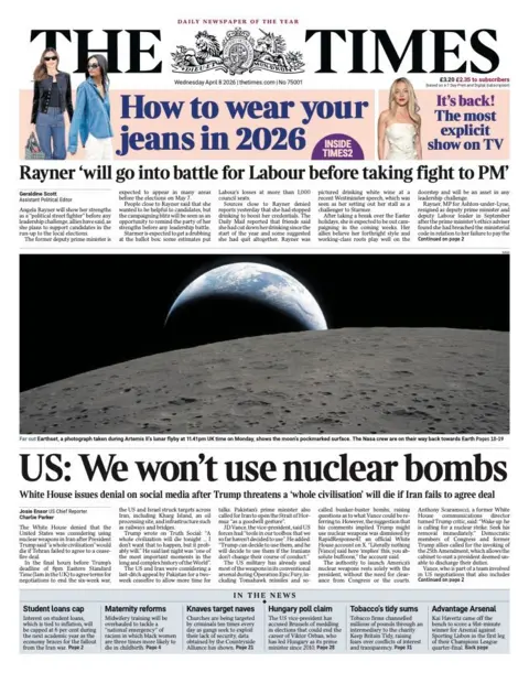 The headline on the front page of the Times reads: “US: We won't use nuclear bombs”.
