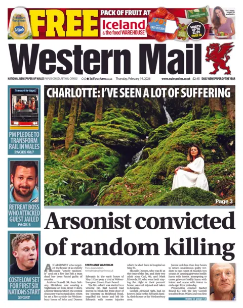 Western Mail Main headline: Arsonist convicted of random killing.;