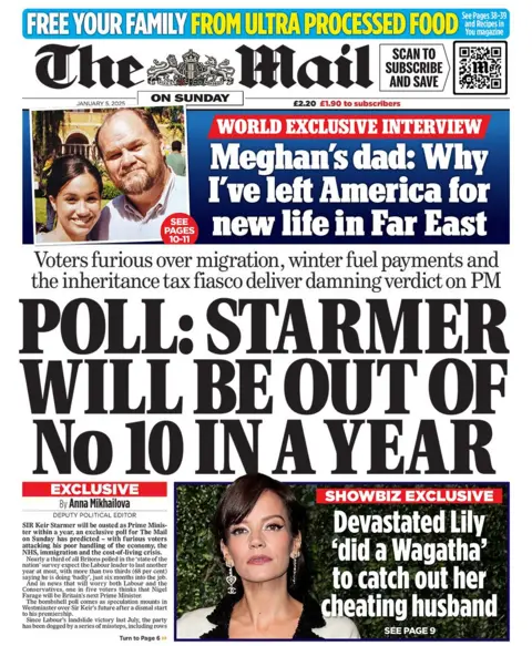 The headline in the Mail on Sunday reads: "Poll: Starmer will be out of No10 in a year"