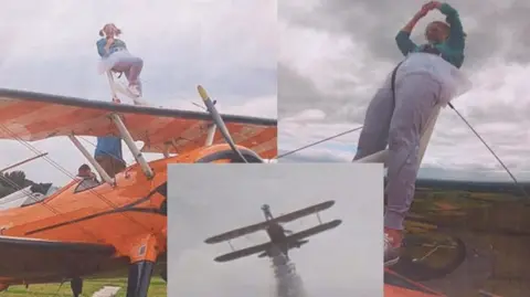Valerie Appleton Three photographs of a woman in a tutu standing on an orange biplane.