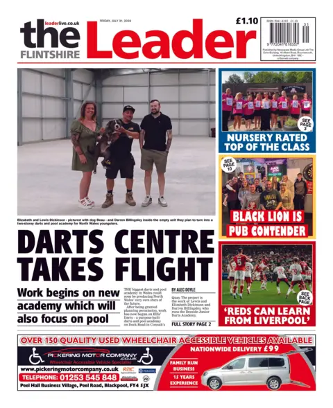 Flintshire Leader The front page of the Flintshire Leader. The headline reads 'darts centre takes flight. Work begins on new academy which will also focus on pool. 