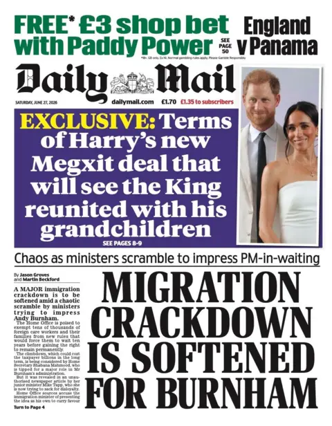 The headline on the front page of the Daily Mail reads: "Migration crackdown is softened for Burnham."