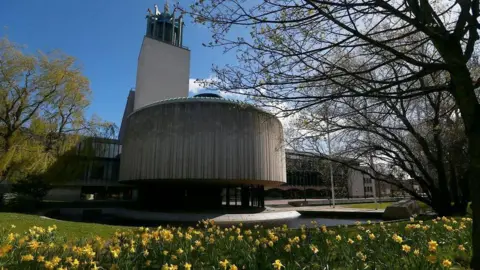 LDRS A sunny view of the Newcastle Civic Centre with a row of daffodils filling the foreground. There is a round concrete building placed in front of a longer glass building. Trees can be seen on either side.
