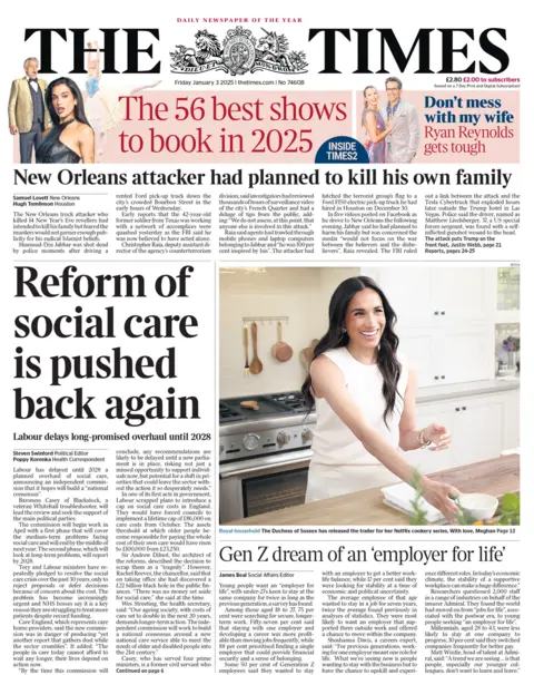 Times front page for 3 January 2025 - the headline reads "Reform of social care is pushed back again"