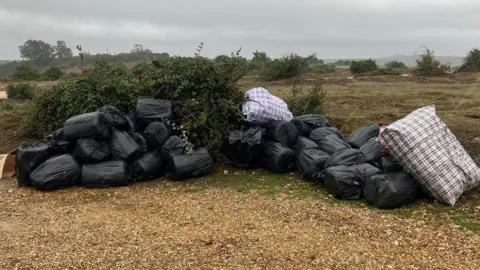 Forestry England Bin bags scattered in a field.