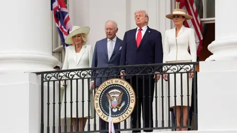 Bloomberg via Getty Images Queen Camilla, from left, King Charles III, US President Donald Trump, and First Lady Melania Trump during an arrival ceremony at the White House in Washington DC