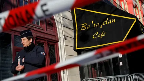 File photo of police outside the Bataclan music venue ahead of a visit in 2016 by French parliamentarians