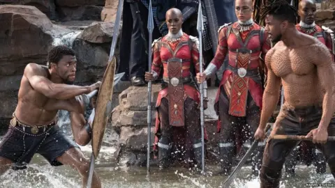 Marvel Studios Chadwick Boseman and Michael B. Jordan face off in a scene from Black Panther