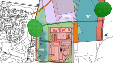 Gloucestershire County Council A sketch of the proposed site layout for the new fire centre and care home in Coombe Hill, Gloucestershire. There is a housing estate next to the site and fields.