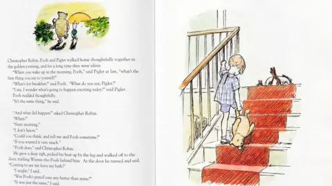 CBW/Alamy Two pages out of a Winnie-the-Pooh book - on the left an illustration of Pooh and piglet at the top with words underneath; on the right is a young Christoper Robin dragging his bear up a red-carpeted staircase
