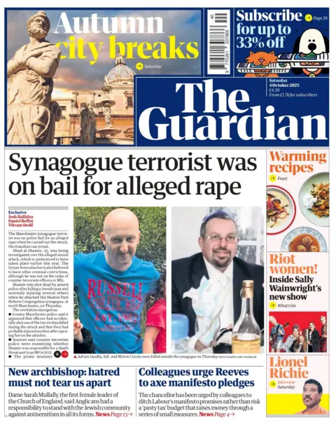 "Synagogue terrorist was on bail for alleged rape" reads the headline on the front page of The Guardian.