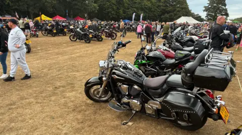 Multiple motorcycles parked in a grass field. People are walking around.