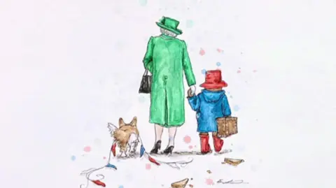 Eleanor Tomlinson A watercolour painting of Queen Elizabeth II seen from behind, wearing a green coat and hat, walking hand in hand with a small brown-bear wearing a red hat and wellington boots and a blue coat. A corgi walks beside them. The group are shown on a pale background with soft, loose brushstrokes typical of watercolour artwork.