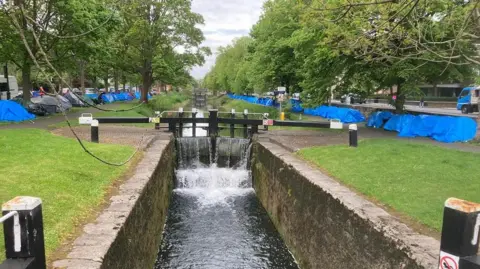 Tents along the sides of Dublin's Grand Canal