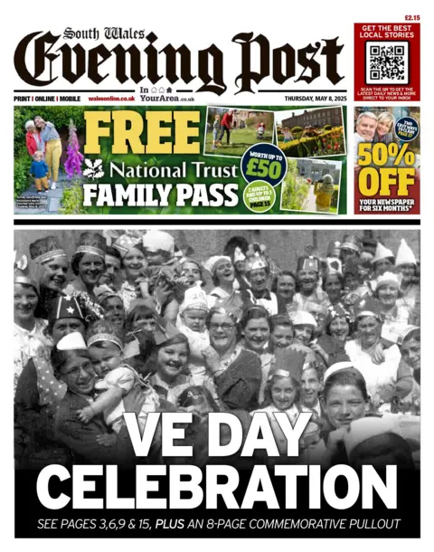 South Wales Evening Post South Wales Evening Post front page, with a black and white photograph of people smiling and the headline "VE Day Celebration"