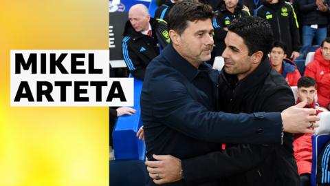 Mauricio Pochettino and Mikel Arteta embrace on the touchline