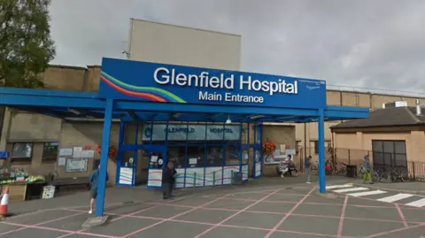 Google Exterior view of Glenfield Hospital's main entrance taken from Google Streetview