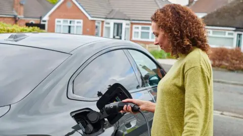Getty Images A woman charges her car at home. She has a cable in her hand and the charging point on the car is open. She is standing in a driveway, wearing a yellow jumper, and there are houses on the other side of the residential road.