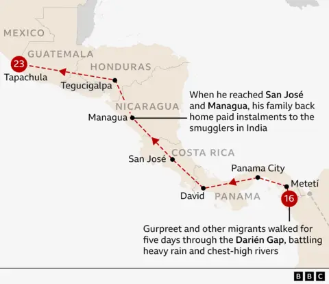 Um mapa mostrando a jornada de Gurpreet pela América Central, começando com uma caminhada de cinco dias pelo Darién Gap, através do Panamá, San Jose na Costa Rica e Manágua na Nicarágua. Nessas paradas, sua família pagou parcelas ao contrabandista de pessoas na Índia. Ele então continuou para o norte, através de Honduras e Guatemala, até chegar a Tapachula no México.