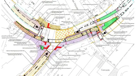 Bristol City Council A detailed map of the proposed changes to the road layout at the junction of Anchor Road, College Green and St Augustine's Parade in Bristol. New, wider pavements are indicated and the position of new planters. 