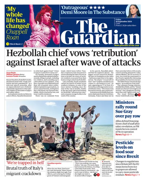 The Guardian header  reads "Hezbollah main  vows 'retribution' against Israel aft  question    of attacks" 