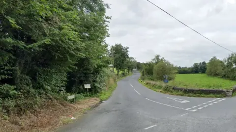 Google A small road junction in the day time - a road, which meets another in a t-junction shape, is seen going into the distance of the image. It is lined with trees and fields. It is a grey, overcast day.