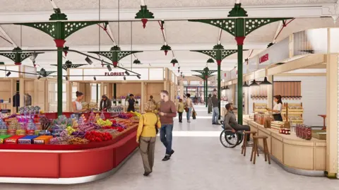 Telford and Wrekin Council An artists drawing of the interior of a building with green metal pillars and roof supports, with a number of people looking at widely spaced market stalls, with one selling fruit and veg