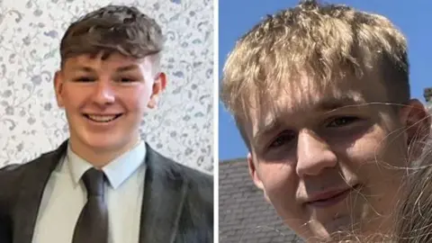 Family photos Dafydd Hûw Craven-Jones is on left. He has short, curly dark hair, is wearing a black suit jacket with a white shirt and black tie and is smiling at camera. On the right is and Morgan Jones who has short blonde hair and is looking at camera.