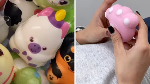Left, a unicorn squishy. Right, a hand plays with a pawprint squishy.
