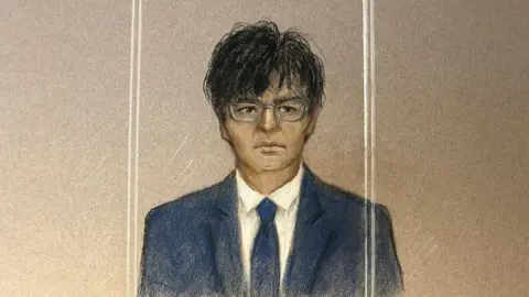 Court sketch of Zhenhao Zou, a man with black hair wearing a blue suit, white shirt and blue tie, sitting in the dock behind glass panels earlier in the trial