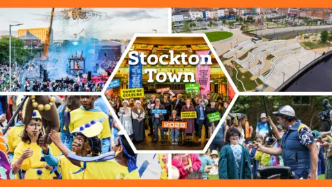 Stockton Council A vibrant collage highlighting Stockton Town’s cultural identity, featuring outdoor festivals, community performances, family-friendly events, regenerated riverside public spaces, and residents supporting the Town of Culture 2028 campaign.