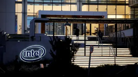 Reuters The Intel logo is visible outside one of its office buildings