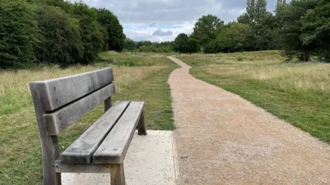 A bench by a newly-laid path through a green space