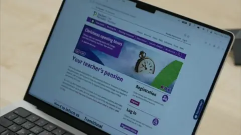 An open laptop showing the Teachers' Pensions website. It is advertising Christmas opening hours and on the right there are sections to register and log in.